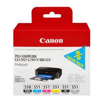 Консуматив за принтер Canon PGI-550/CLI-551 PGBK/C/M/Y/BK/GY Multi Pack - 6-pack - gray, black, yellow, cyan, magenta - original - ink tank