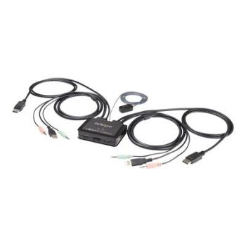 Мрежов комутатор 2 Port DisplayPort KVM Switch - 4K 60Hz - UHD DP 1.2 USB KVM Switch w/ 4ft Cables & Audio - Bus Powered & Remote Switching - KVM / audio